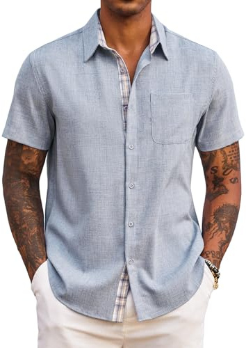 COOFANDY Camisa Hombre Manga Corta Regular Casual Verano Ligera para Playa Vacaciones con Bolsillo