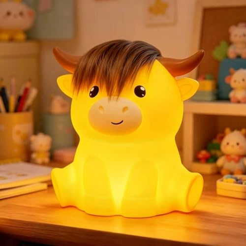 YGVQN Luce Notturna Carina Mucca delle Highlands, Lampada Touch in Silicone Morbido Ricaricabile, Dimmerabile con Timer 20 Minuti, Luce LED per Cameretta & Allattamento, Regalo per Ragazzi Ragazze
