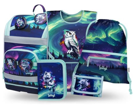 Baagl Schulranzen Jungen Mädchen Set 5 Teilig (Zippy Schultasche für 1. Klasse, Mäppchen, Turnbeutel, Schürze, Brustbeutel), Grundschule Ranzen, Ergonomischer Schulrucksack, 21 l