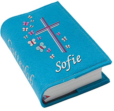 Gotteslob Gotteslobhülle Großdruck Kreuz Schmetterlinge lila pink Filz mit Namen bestickt hellgrau weiß dunkelgrau lila blaugrau dunkelblau türkis maigrün flieder Mädchen, Farbe:türkis