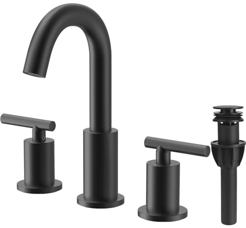 TRUSTMI 2 Handle 8-Inch Widespread Bathroom Faucet Matte Black 3 Hole Brass Bathroom Vanity Sink Faucet with 360° Swivel Spout, Include Overflow Drain and cUPC Supply Lines