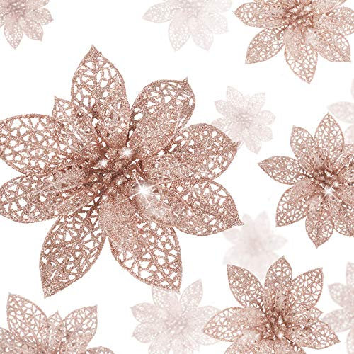 WILLBOND 36 Pezzi Fiori di Poinsettia Glitter di Natale Fiori Artificiali di Nozze Paillettes Ornamenti di Capodanno Albero di Natale (Oro Rosa)