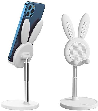 nediea Cute Bunny Phone Holder, Rabbit Cell Phone Stand for Desk (White) | Height & Angle Adjustable, Compatible with iPhone 17/16/15/14/12/11, Most Mobile Phone or Tablet 4-10 Inch