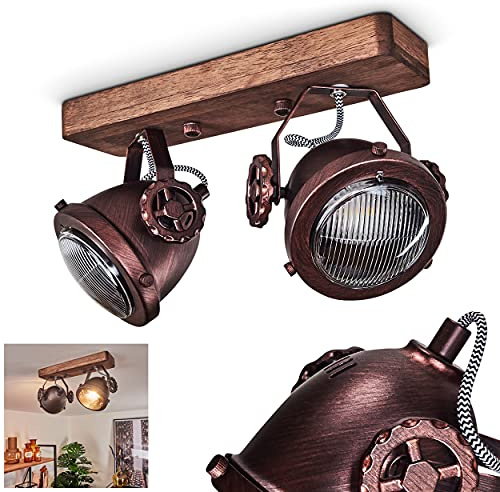 HOFSTEIN Deckenleuchte Herford, verstellbare Deckenlampe aus Metall/Holz/Glas in Braun/Natur/Rost/Klar, Leuchte im Industrial/Retro/Vinntage-Design, 2xGU10, Esszimmmer, Schlafzimmer, Wohnzimmer, Küche