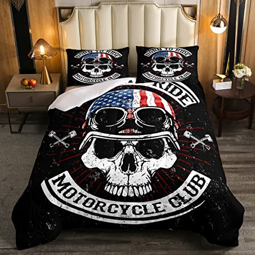 Juego de ropa de cama para motociclistas y niños y niñas, diseño retro con calaveras de plumas para motociclista, diseño de esqueleto y esqueleto, para deportes extremos, tamaño king, 3 piezas