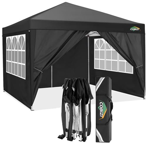 COBIZI Tonnelles de Jardin de 3x3m Tonnelles Pliante avec des côtés Tente instantanée Commerciale de chapiteau de Patio Tente résistante, entièrement imperméable(3x3m, Noir)