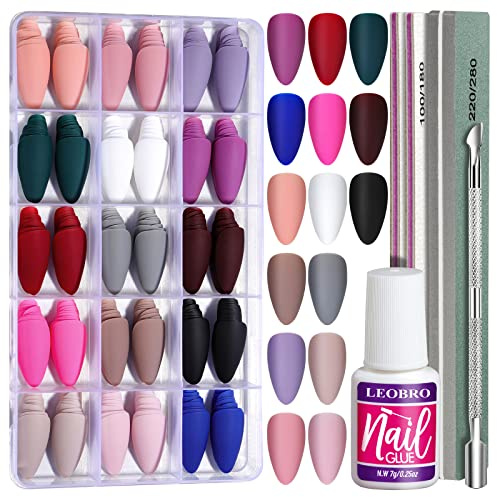 360 Stück Nägel zum Aufkleben LEOBRO Fake Nails, Matte Künstliche nägel 15 Farben künstliche nägel Mandel Falsche Nägel künstliche mit Nagelkleber