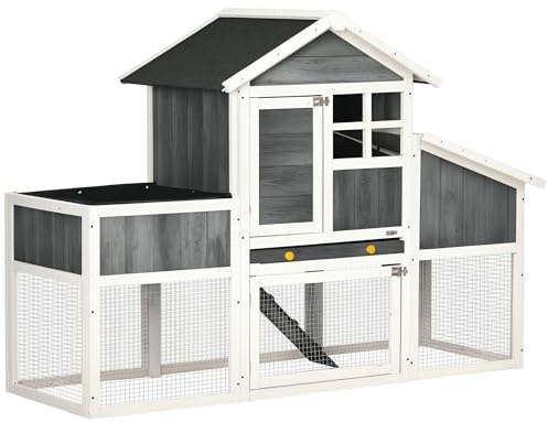PawHut Pollaio Prefabbricato in Legno con Area Aperta, Pollaio per Galline da Esterno, Casetta per Galline e Nido per la Cova, Aiuola e Tetto in Asfalto, Grigio