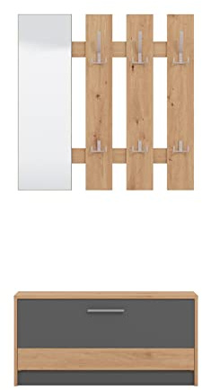 AVANTI TRENDSTORE Rimmo - Mobile da ingresso con specchio, con scarpiera per piccoli appartamenti, set da ingresso. colori bianco/marrone o marrone/antracite. LAP 91,5x202x28 cm