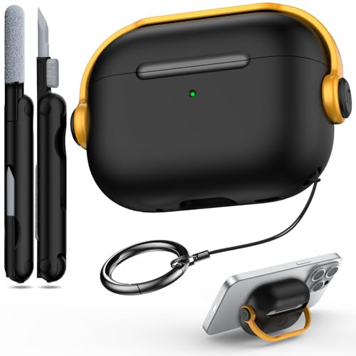 R-fun Schutzhülle kompatibel mit Apple Airpods Pro (2023/2022/2019, 2./1. Gen), (USB-C/Lightning-Kabel), Musik-Kopfhörer-Kopfhörer-Hülle mit Sicherheitsschloss und Reinigungsset,Schwarz & Gelb