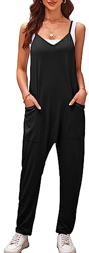 Sukany Women's Loose Overalls Summer Casual Baggy Jumpsuits Adjustable Spaghetti Strap Harem Rompers with Pockets Black S