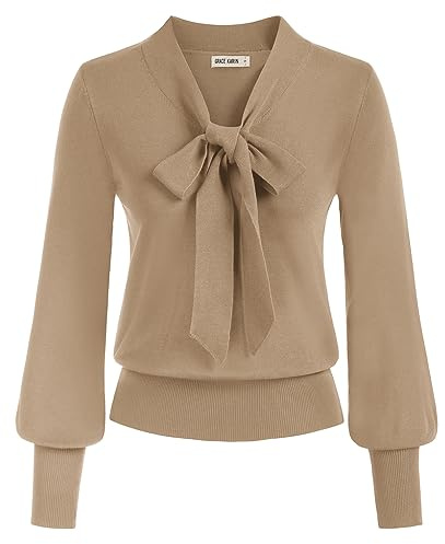 GRACE KARIN Bowknot V-Neck Crochet Jumpers for Women UK Elastic Knitwear