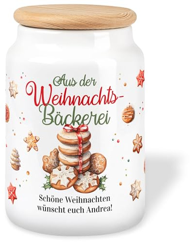 True Statements Geschenk zu Weihnachten: Keramikdose mit Holzdeckel personalisiert „Aus der Weihnachts-Bäckerei“ - 650ml Keksdose für Weihnachtsplätzchen