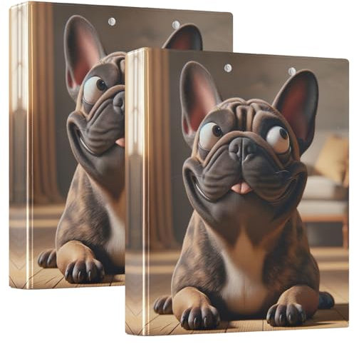 Lustige französische Bulldogge, 3,8 cm Ordner, 3 Ringe, einfacher Ordner-Organizer mit 3 Innentaschen, niedlicher Ordner, drei Ringe für Schulbedarf, 2 Stück