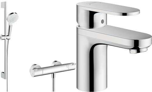 hangrohe Crometta - Set de douche, Ensemble de douche avec mitigeur thermostatique, douchette & Vernis Blend Mitigeur de lavabo 70 sans tirette ni vidage, chromé, 71558000