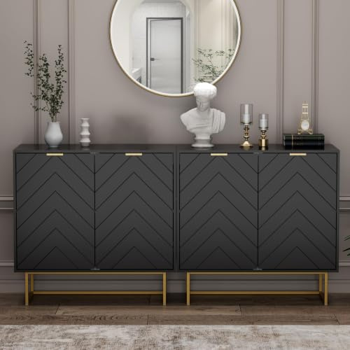 UEV Sideboard 2er Set, 160x40x77,5cm, Kommode mit 4 Türen und verstellbare Ablagen, Buffet, TV Board, Aufbewarhungsschrank, Kücheschrank, Mehrzweckschrank für Wohnzimmer Schlafzimmer(schwarz,)