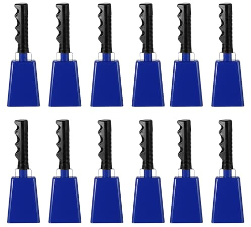 PATIKIL 9inch Cow Bells for Football Games, 12pcs Cowbells for Sporting Events Bulk Loud Noise Makers Metal Cow Bell with Handle for Cheering Competition Marathon Wedding DIY Paint, Blue