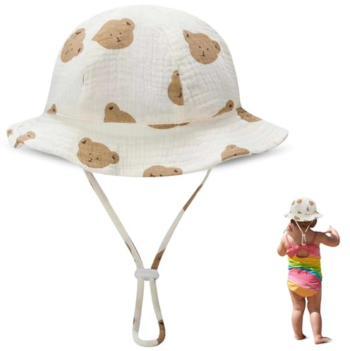 BABYZOCO Sombrero De Playa para Bebe, Gorro Veraniego para bebé, Sombrero Infantil para Playa, Ajustable, Diseño Oso, Algodón, UPF 50+