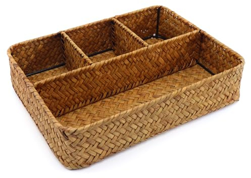 Wicker Baskets 4-Section Tea Bag/Sugar Packet Holder,Seagrass Woven Compartment Organizer,Storage Rattan Divided Basket,Office-Desk Baskets for Shelves,Pantry,Coffee Station Organizer,Countertops