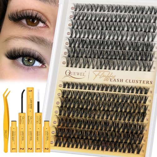 QUEWEL Wimpern-Extensions 280STK 40D+50D, DIY Lash-Extension-Set MIX 12–18mm Cluster-Lashes mit Wimpernkleber und Wimpernpinzette, einfach bezaubernde Augen zu Hause machen (3D 40+50D-D-Kit)