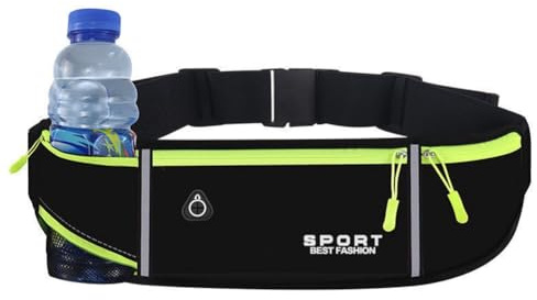 GreatRise Laufgürtel für Handy wasserdichte Sportgürtel Trinkgürtel Hüfttasche Fitnessgürtel mit 3 Taschen, Kopfhörerloch, Reflektierender Striemen, für Joggen, Fitness, Damen und Herren Schwarz