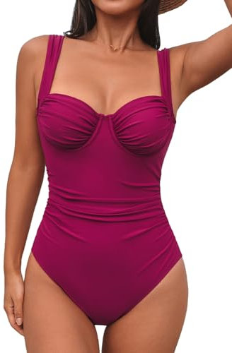 CUPSHE Baddräkt för kvinnor en del baddräkt älskling hals bygel baksida utskuren breda remmar rynkade push-up badkläder, Dark Fuchsia, XL