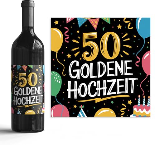 Flaschenetiketten-Set - 50 Jahre verheiratet - 6 Aufkleber selbstklebend - Hochzeits-Deko für Wein & Sekt (50 Goldene Hochzeit / 003, 10x10cm)