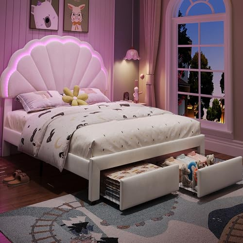 Jtyca 4FT6 Upholstered Double Bed Frame with Headboard, Velvet, Beige, 135x190 cm, LED-Lighting, 2 Built-in Drawers, Iron, No Mattress