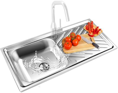 WUDLEP Stainless Steel Kitchen Sink 1.0, One Single Large Deep Bowl Sinks with Drainer 1000 x 500mm Inset, Includes Wastes & Plumbing Kit, Silver