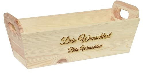 CHICCIE Geschenkkorb mit Henkeln Personalisierbar Wunschtext 35x11x13cm Präsentkorb Holz Geschenkidee Holzkiste Hochzeit Geburtstag Ruhestand Personalisierung