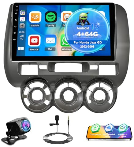 4G+64G Android 13 Car Stereo for Honda Jazz GD 2002-2008 with Wireless CarPlay Android Auto, 9 Inch IPS Touch Screen Car Radio with Bluetooth Mirror Link Sat Navi FM RDS SWC+Backup Camera+MIC