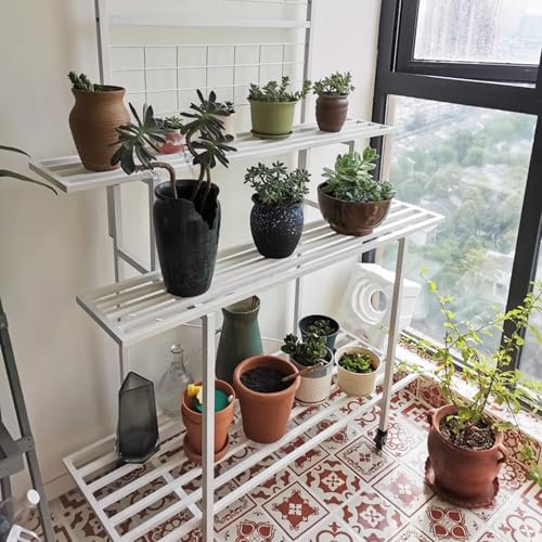 Estantería de metal tipo escalera para plantas de 2 o 3 niveles, instalación gratuita, ideal para exhibir plantas en esquina, ideal para jardín y sala de estar, con soporte para flores blancas.(Tipo D