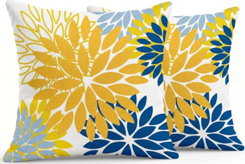 JANGYUHH Kissenbezug 40x40 cm Modern Dahlien Dekokissen Zweiseitiges Muster Gelb Blau Blumen Sofakissen Outdoor Kissen Leinen Kissenbezüge Dekorative für Sofa Garten Wohnzimmer Bett 2er Set