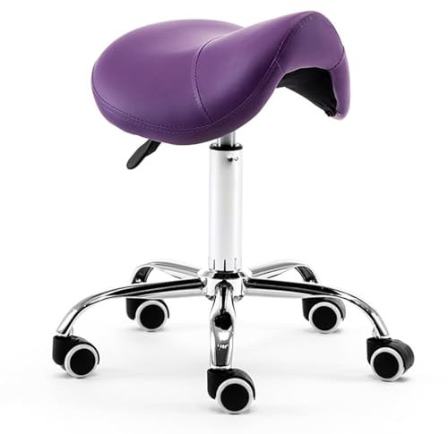 Lila Sattelhocker Rollhocker Stuhl für Zahnarzt Friseur, 360 ° Rotation Sattelstuhl Hocker mit Rädern, Ergonomischer Kosmetikhocker