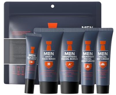 BeauBase Set per la cura del viso da uomo, 5 pezzi, set di routine Skincare per uomini con pulizia del viso, peeling, crema per gli occhi, crema viso, idee regalo per marito, padre, figlio