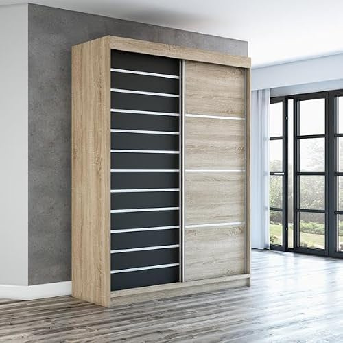 A&J MöbelLand Schwebetürenschrank Colin Kleiderschrank 180 cm mit Spiegel, 6 Regalen & 1 Kleiderstange (Sonoma/Schwarz/Sonoma)