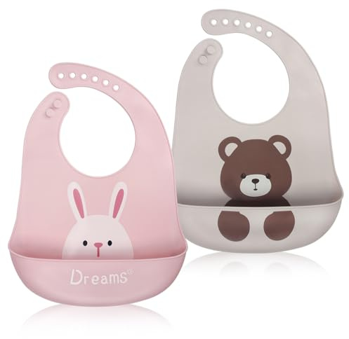 ZGTS 2 PCS Silicone Baby Bibs Adjustable Weaning Bibs Waterproof Baby Feeding Bibs with Food Catcher Pocket Unisex Soft Bibs for Babies And Toddlers(Bear and Bunny)