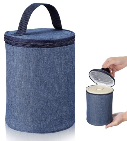 Zerodeko Insulated Food Flask Bag Small Thermal Carrier 13.5x13.5x17cm | Aluminium Foil Canvas Pouch with Alloy Zip for Hot Soup Breakfast Cup, Portable Cooler for Takeout Picnic, Dark Blue