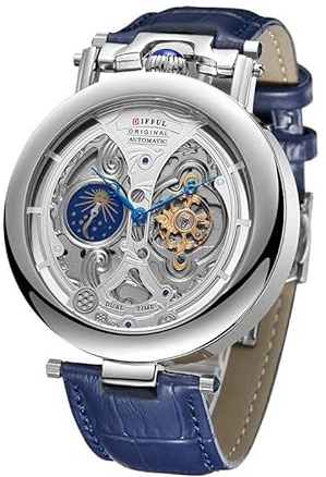 W WOLF-CUB Tourbillon vattentät automatisk mekanisk klocka med äkta läderrem och rostfritt stål månfaser genomskinliga skelettklockor, Blått och silver, Företag
