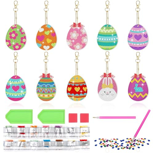Gigquake 10 Stück Diamond Painting Ostern Set, Diamond Painting Schlüsselanhänger Doppelseitig Ostereier Deko 5D Anhänger DIY Ostern Basteln Kit für Kinder Ostergeschenke