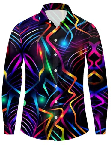 Faschingskostüme Männer 80er Maske Druck Herrenhemd mit Knöpfen Und Kragen Mardi Gras Shirts Revers Karnevalshemd Kölsch Casual Locker Faschingshemd Streetwear Karnevalskostüme Tunika Tops