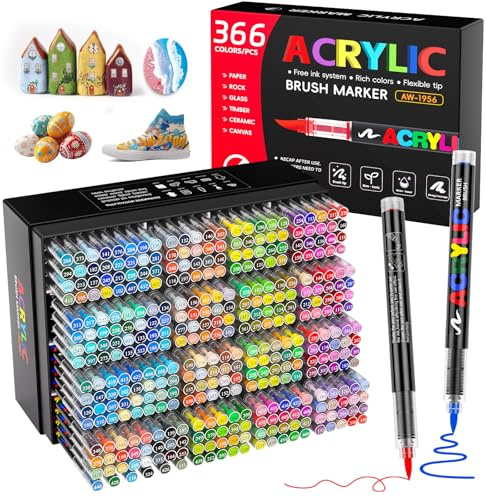 Patamiyar 366 Colores Rotuladores Acrílicos, Marcadores Acrílicos, Marcadores Rotuladores Acrílicos con Punta de Pincel Flexible para Pintar Piedra,Tela, Vidrio, Cerámica, Lienzo, Papel, Madera, Metal