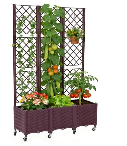 XCRFKGW Fioriera con Grigliato e Auto-irrigante, Aiuola Rialzata con 3 Vasche e Ruote Mobile, Vaso con Spalliera per Piante Rampicanti, Fiori, Verdure e Schermo Privacy, Marrone