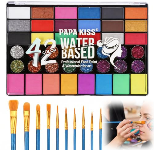 Set de maquillaje permanente 42 colores, colores faciales y corporales solubles en agua con 10 pinceles azules, colores para bodypainting adecuados para Halloween, Carnaval, Cosplay, celebraciones
