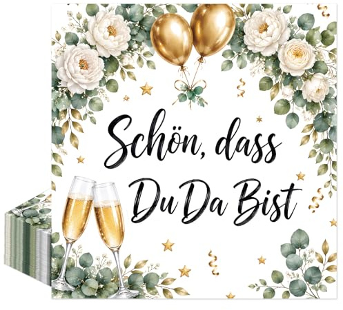 Afritee Geburtstag Servietten Schön Dass Du Da Bist, 20 Stück Eukalyptus Geburtstag Papierservietten Napkins Tischdeko Tischdekoration für Kommunion Hochzeit Taufe Frühling Ostern Birthday, 33x33cm