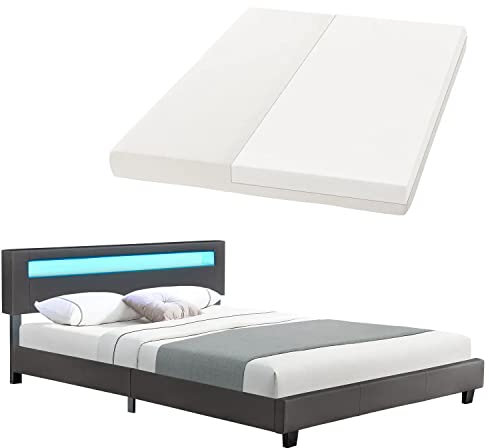 Juskys Polsterbett Paris 160x200 cm mit LED Beleuchtung, Matratze, Lattenrost & Kopfteil - Kunstleder & Holz - grau - Bett Gästebett Bettgestell