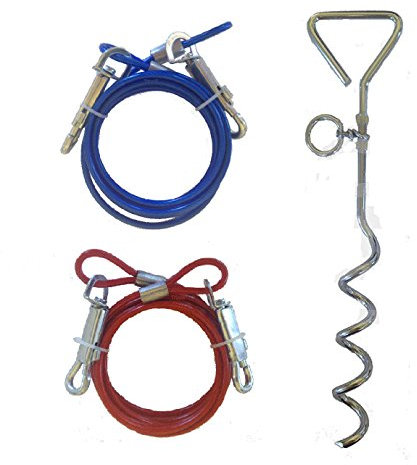 Set of 2 x 6ft (1.8m) Dog Tie Out Cables with 1 x 16 Metal Spiral Ground Stake Spike (Red & Blue)