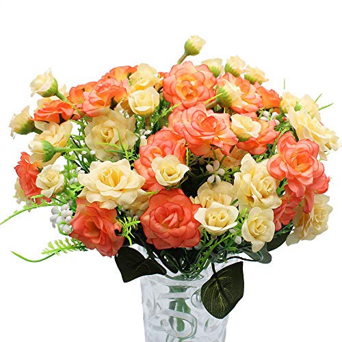 JaneYi 4 Pieces Artificial Rose Flowers Fake Bouquet Artificial Silk Flower Plants Floral Arrangement for DIY Indoor Outdoor Home Kitchen Table Garden Office Wedding Party Decor - Red and Champagne