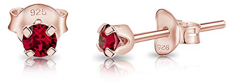 Pendientes de Botón Plata Ley 925 Chapados Oro Rosa 18K on Cristales Brillantes Rojo Rubí 3 mm - Pendientes Pequeños Oro para Mujer - Punto de Luz Hipoalergénicos