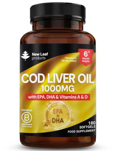 Cod Liver Oil Softgels 1000mg - 180 Cod Liver Soft gels High Strength Softgels- Cod Liver Oil Rich in Omega 3 EPA DHA Fatty Acids + Vitamins A & D, High Strength Fish Oil - UK Made, by New Leaf
